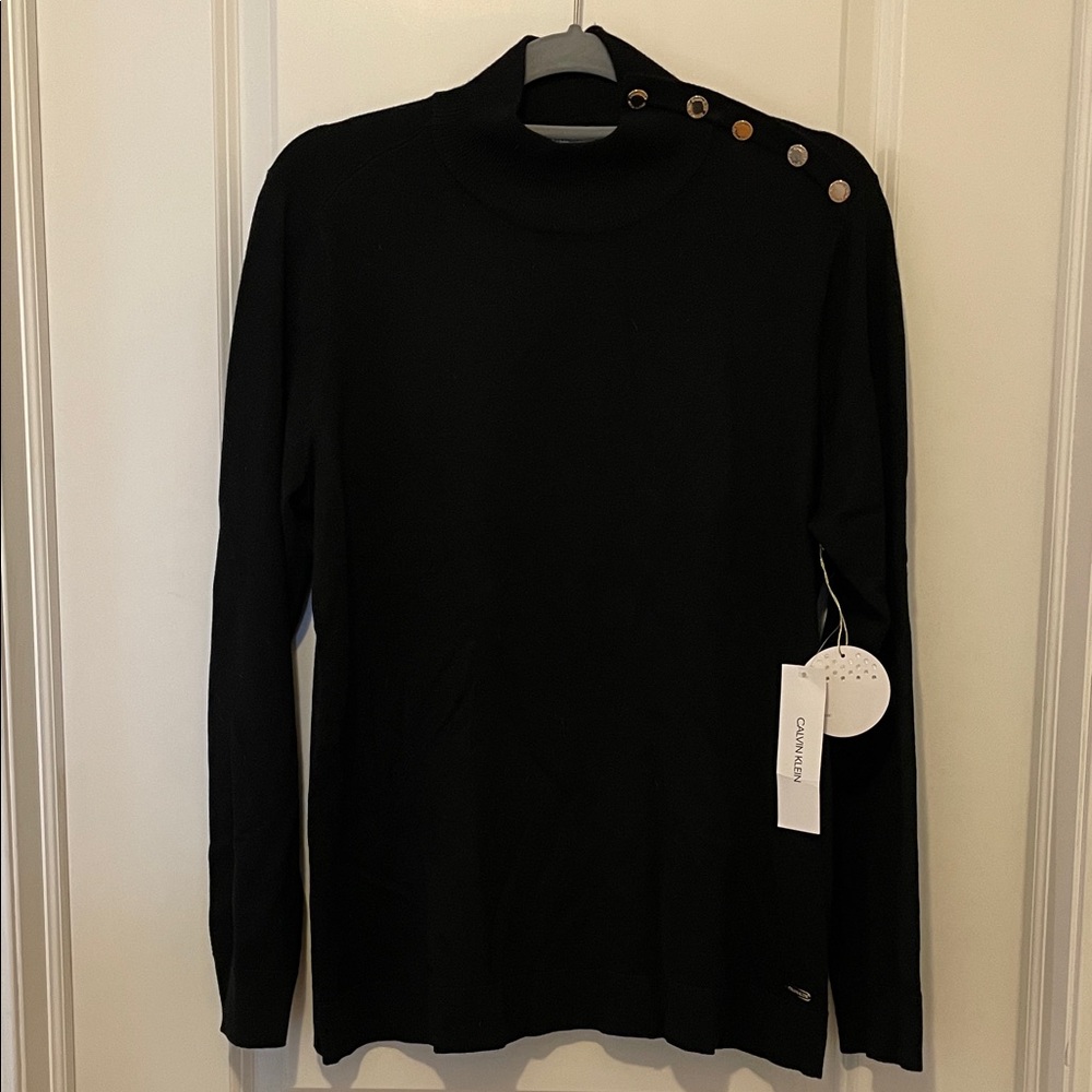 Calvin Klein Black Turtleneck Sweater with Button Accents